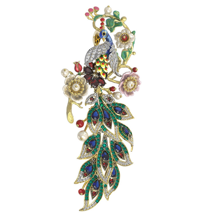 Брошь из лимонного золота c эмаль , фианитом, гранатом, жемчугом, сапфиром, кораллом и перламутром