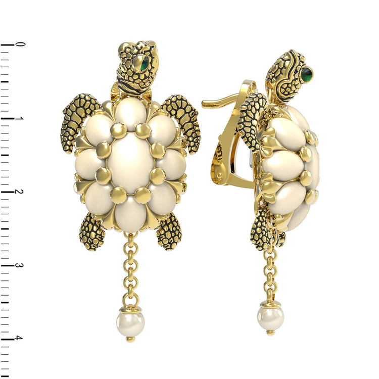 Серьги из лимонного золота c эмаль , жемчугом и бивнем мамонта