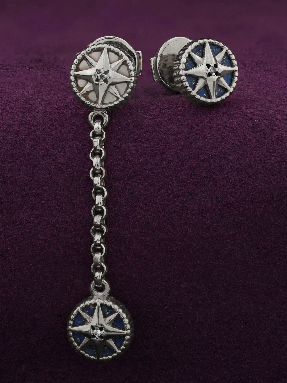 Серьги из белого золота c бриллиантами, лазуритом и перламутром