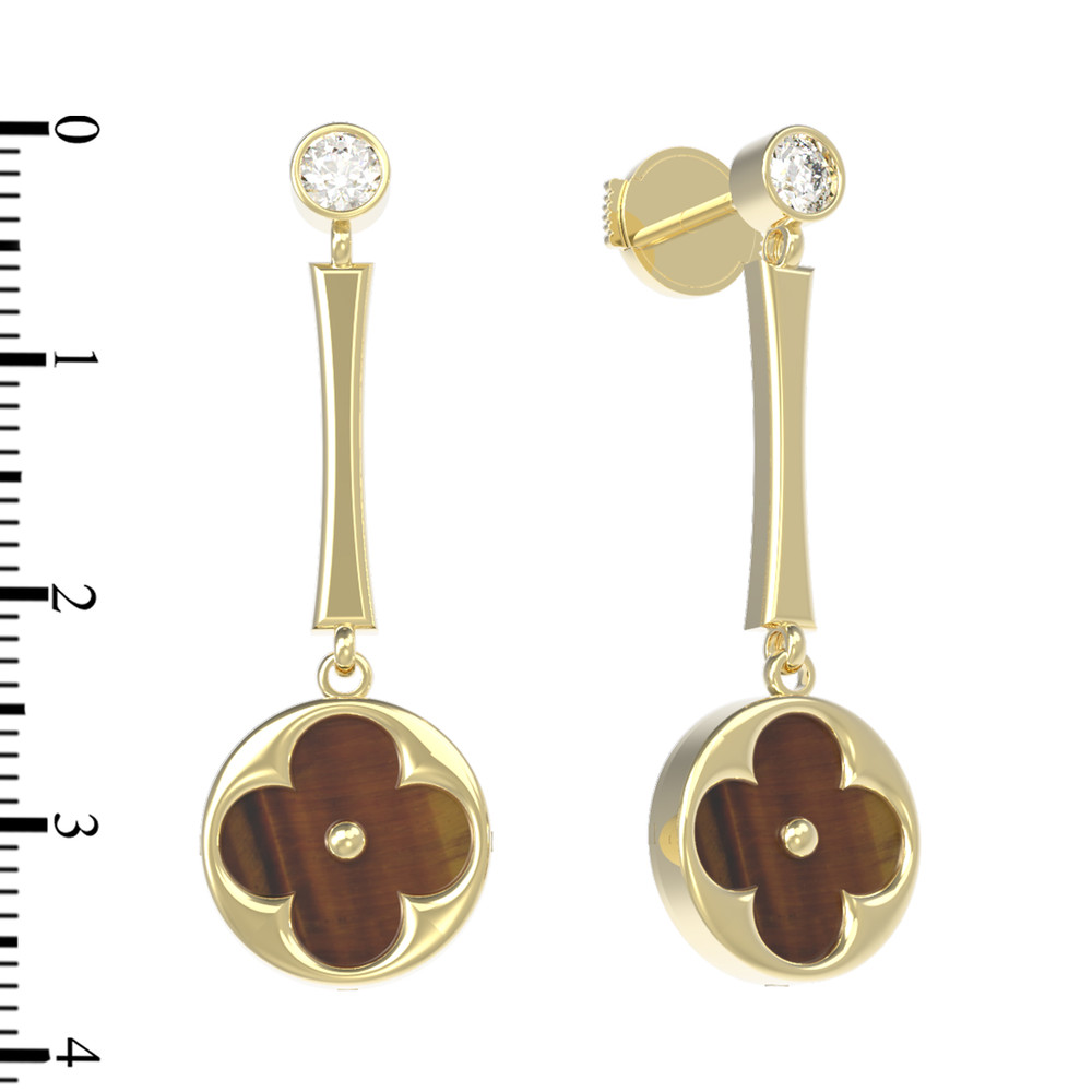 Серьги из лимонного золота c фианитом и тигровым глазом