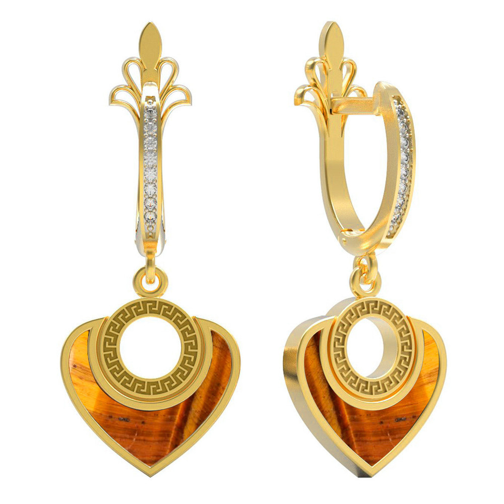 Серьги из лимонного золота c фианитом и тигровым глазом