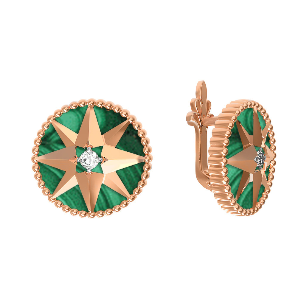 Серьги из золота c фианитом и малахитом