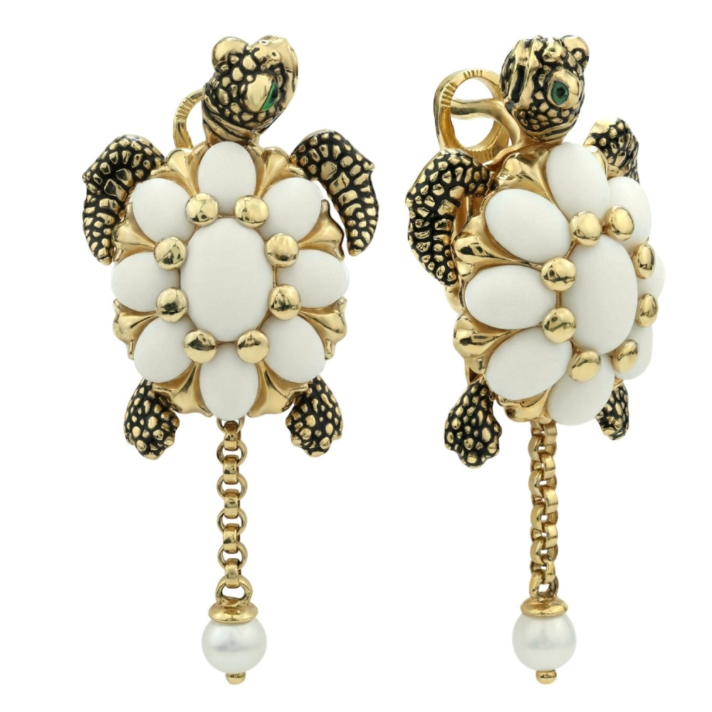 Серьги из лимонного золота c эмаль , жемчугом и бивнем мамонта