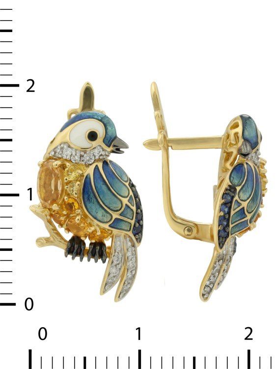 Серьги из лимонного золота c эмаль , фианитом, цитрином и сапфиром