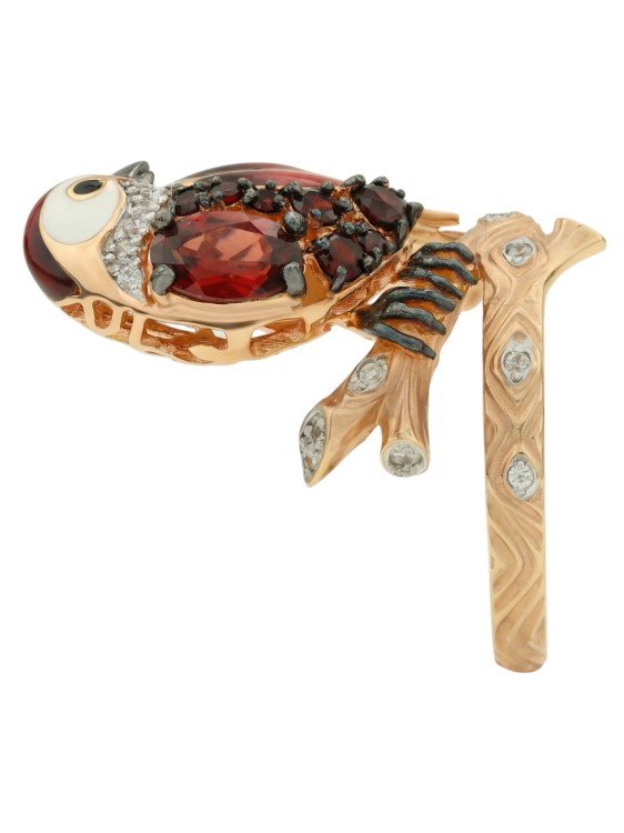 Кольцо из золота c эмаль , фианитом и гранатом