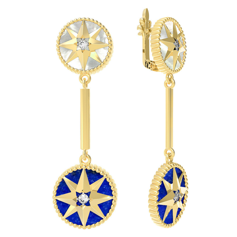 Серьги из лимонного золота c фианитом, лазуритом и перламутром