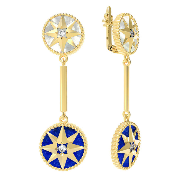 Серьги из лимонного золота c фианитом, лазуритом и перламутром