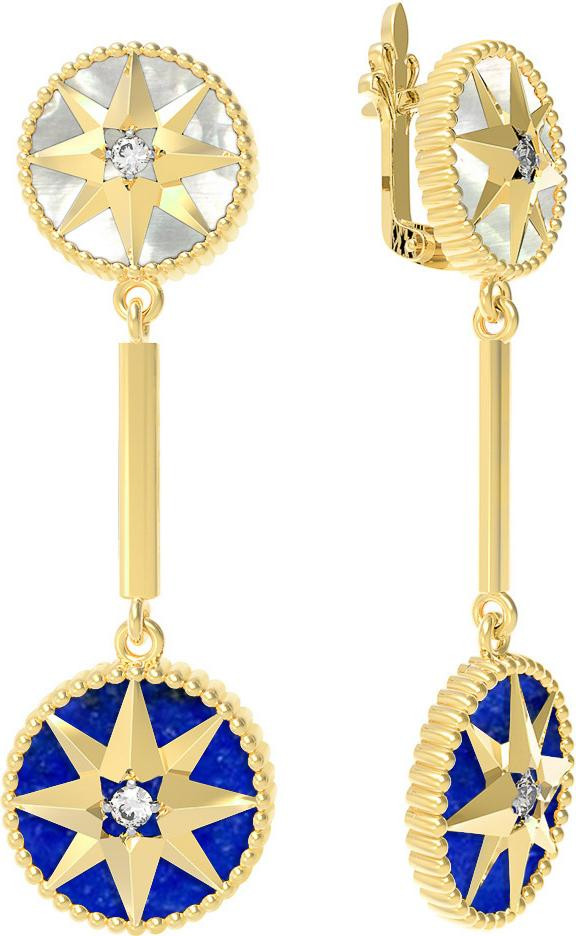 Серьги из лимонного золота c фианитом, лазуритом и перламутром