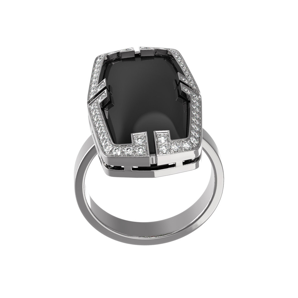 Кольцо из белого золота c бриллиантами, рубином и ониксом