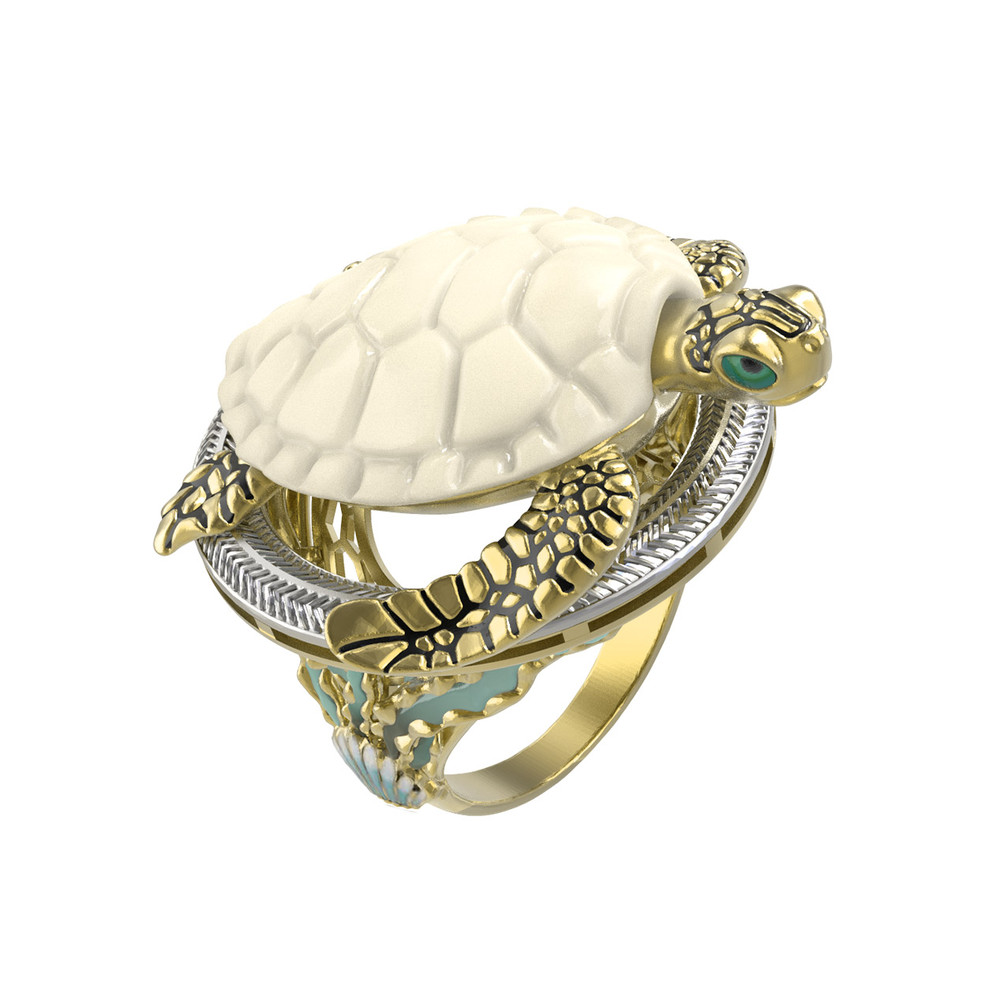 Кольцо из лимонного золота c эмаль и бивнем мамонта