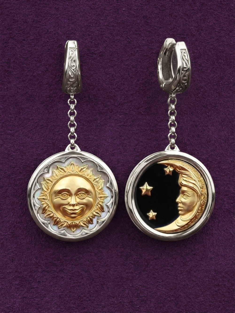 Серьги из белого золота c ониксом и перламутром