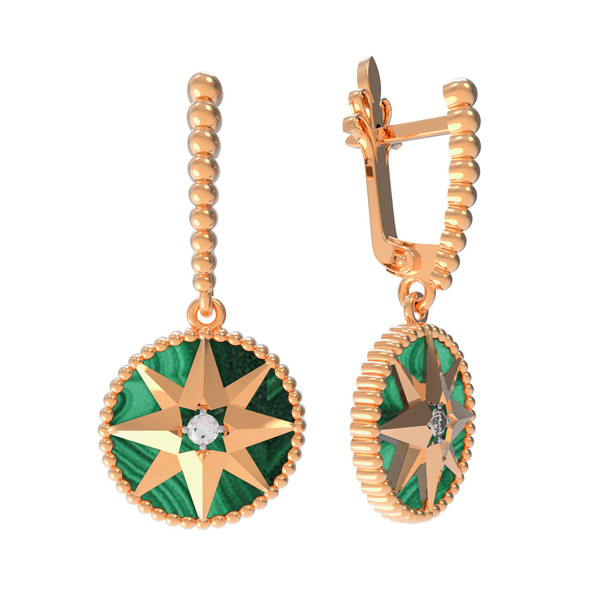 Серьги из золота c фианитом и малахитом