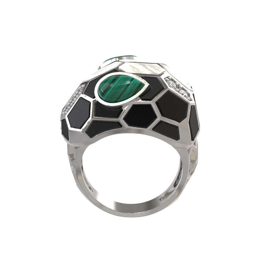 Кольцо из белого золота c бриллиантами, рубином, ониксом, малахитом и перламутром