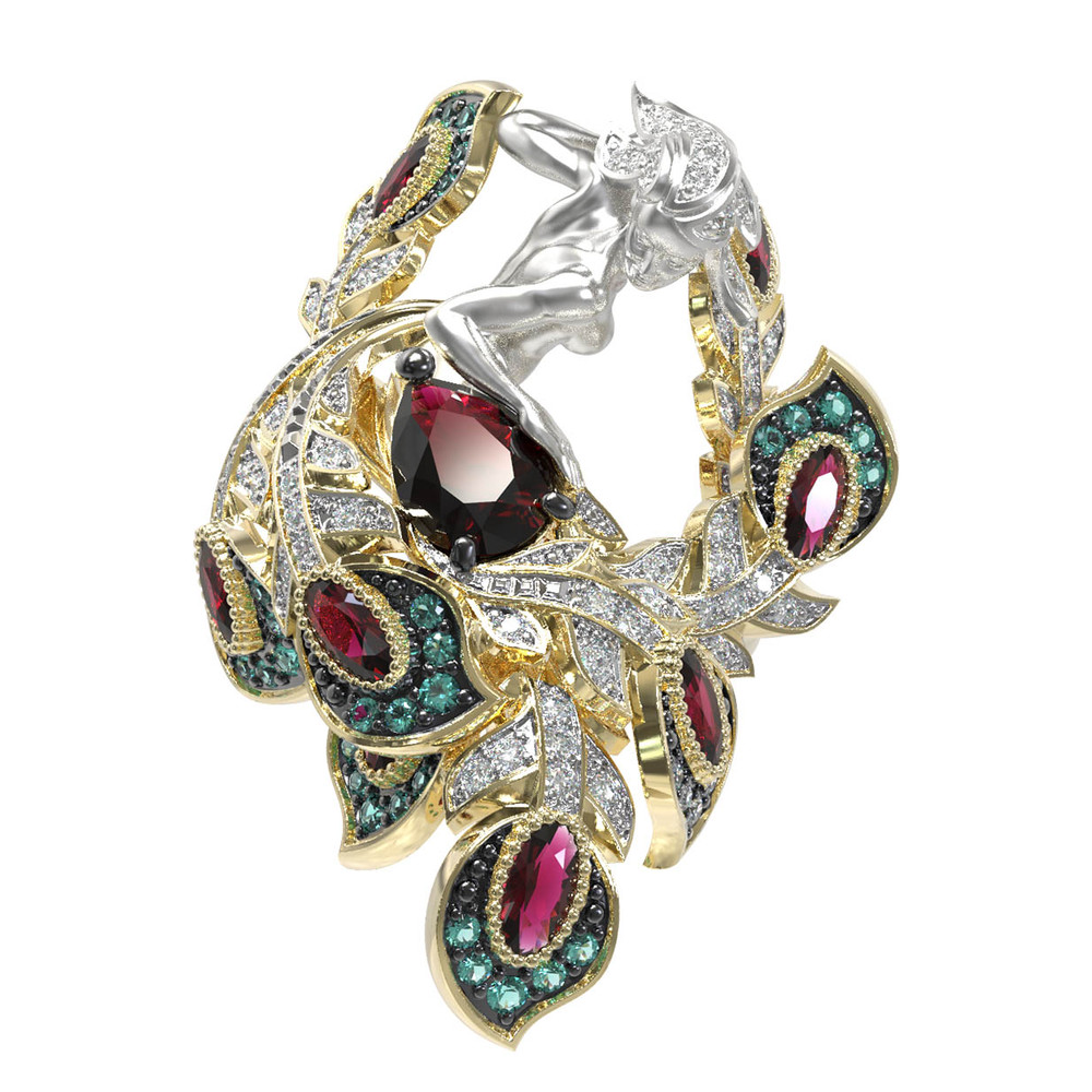 Кольцо из лимонного золота c фианитом и гранатом