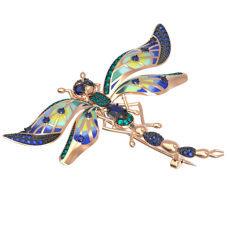 Брошь из золота c фианитом, сапфиром и эмалью