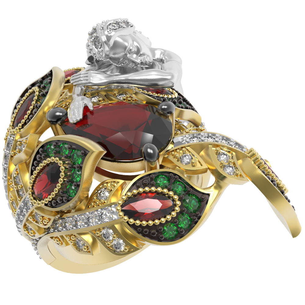 Кольцо из лимонного золота c фианитом и гранатом