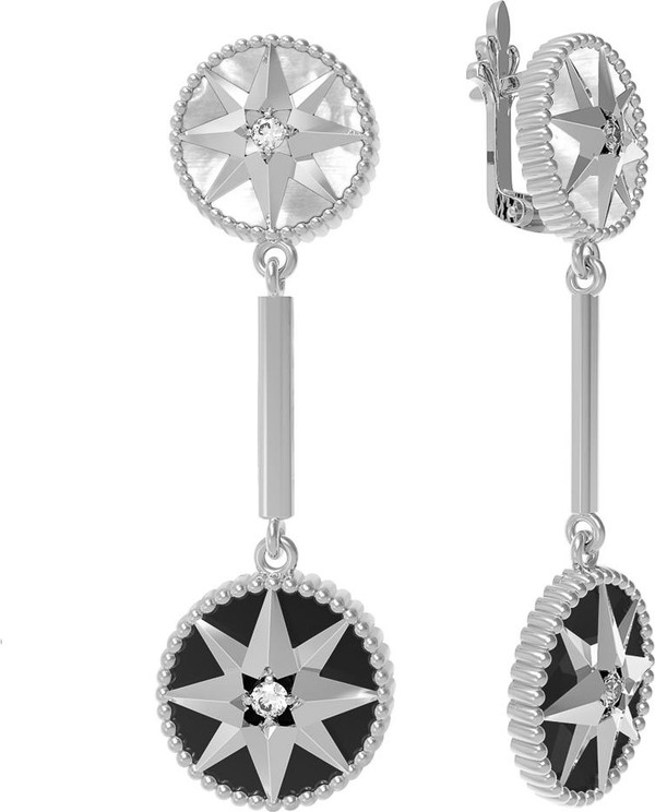 Серьги из белого золота c фианитом, ониксом и перламутром