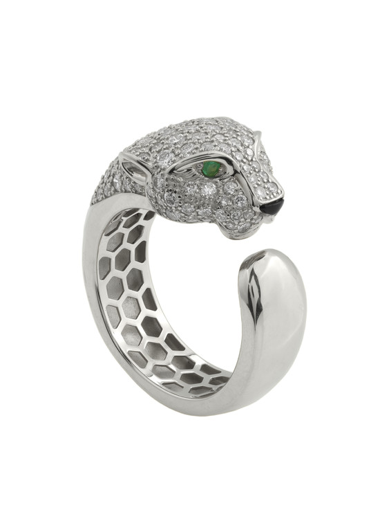 Кольцо из белого золота c бриллиантами, изумрудом и ониксом