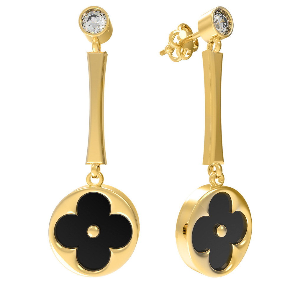 Серьги из лимонного золота c фианитом и ониксом