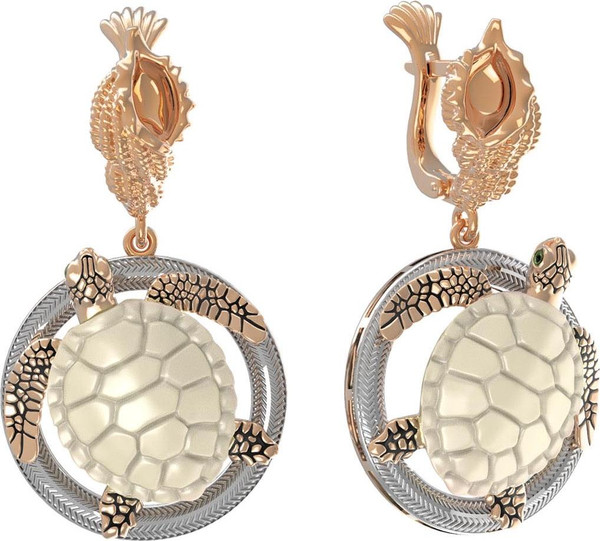 Серьги из золота c эмаль и бивнем мамонта