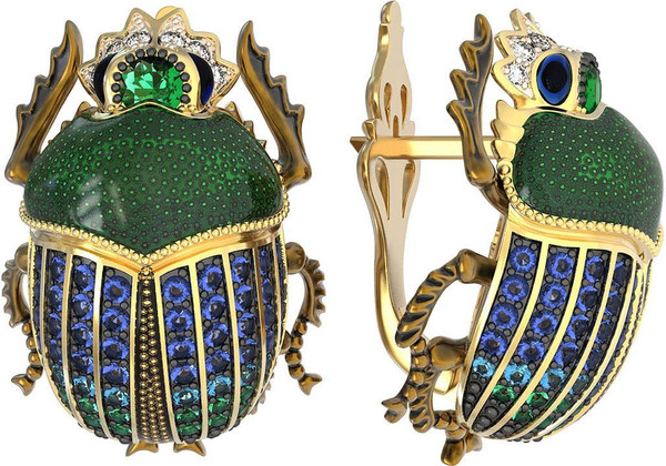 Серьги из лимонного золота c эмаль , фианитом и турмалином