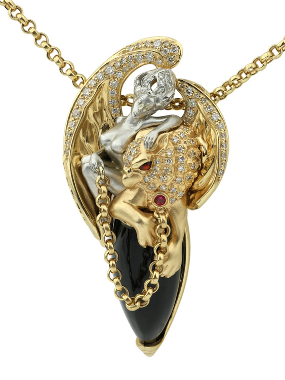 Колье из лимонного золота c эмалью, бриллиантами, рубином, ониксом и рубином