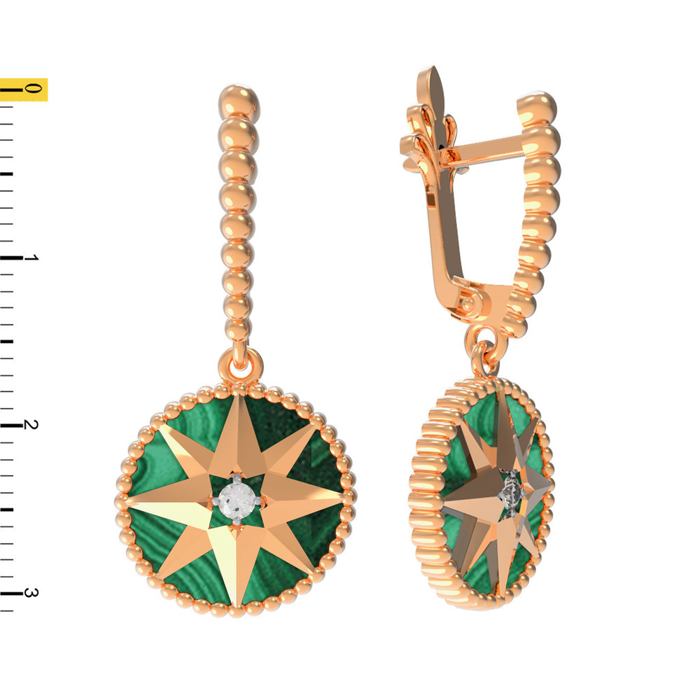 Серьги из золота c фианитом и малахитом