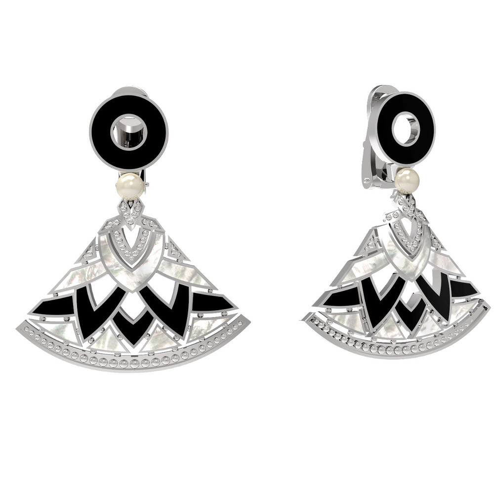 Серьги из белого золота c жемчугом, ониксом и перламутром