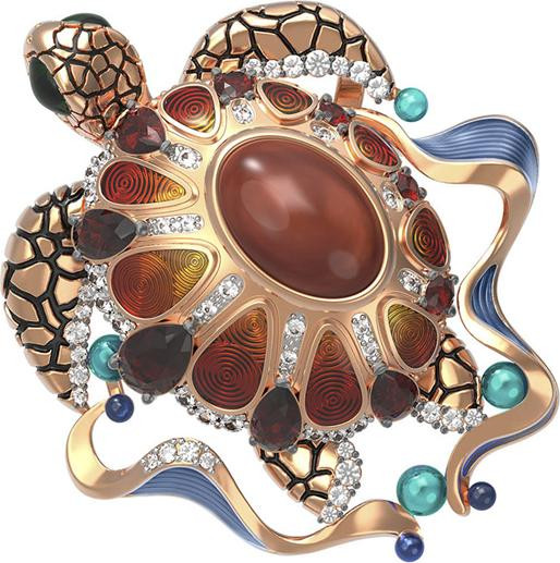 Подвеска из золота c эмаль , фианитом, гранатом и янтарём