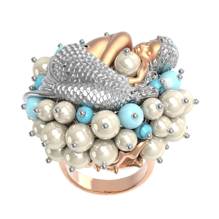Кольцо из золота c жемчугом и бирюзой