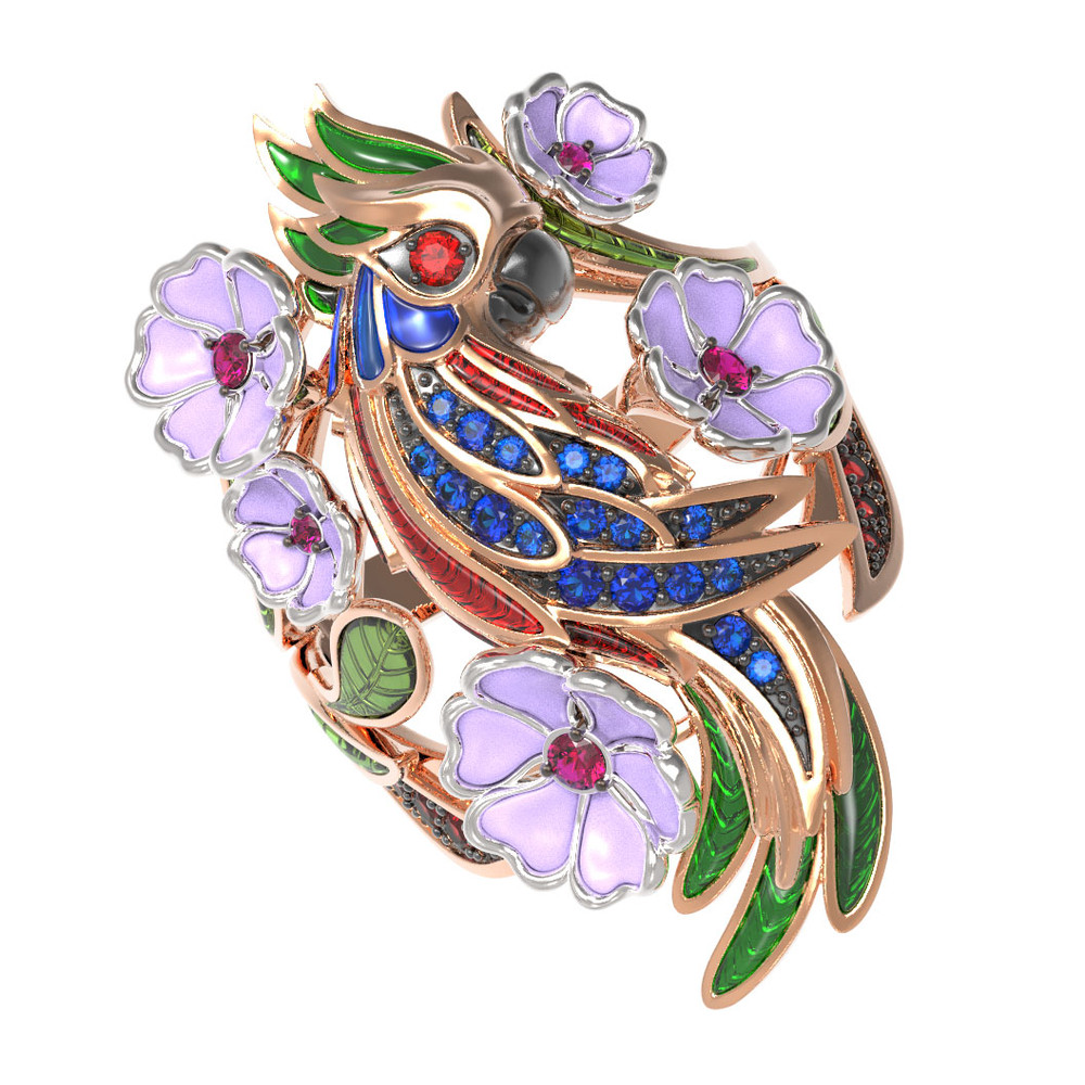 Кольцо из золота c эмаль , рубином и сапфиром