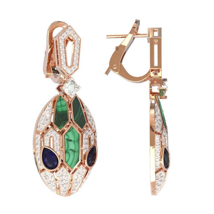 Серьги из золота c бриллиантами, сапфиром и малахитом