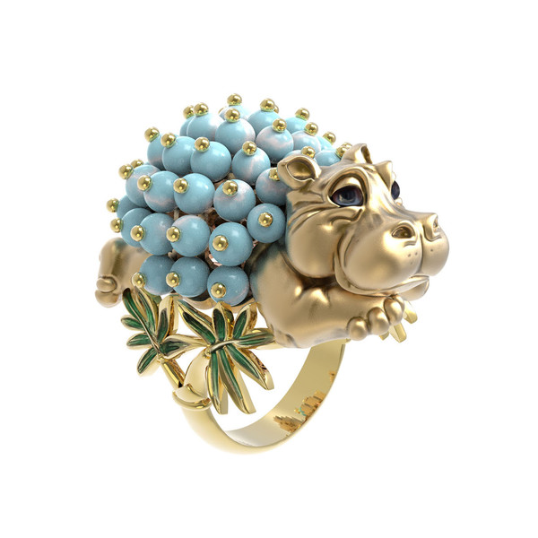 Кольцо из лимонного золота c эмаль и бирюзой