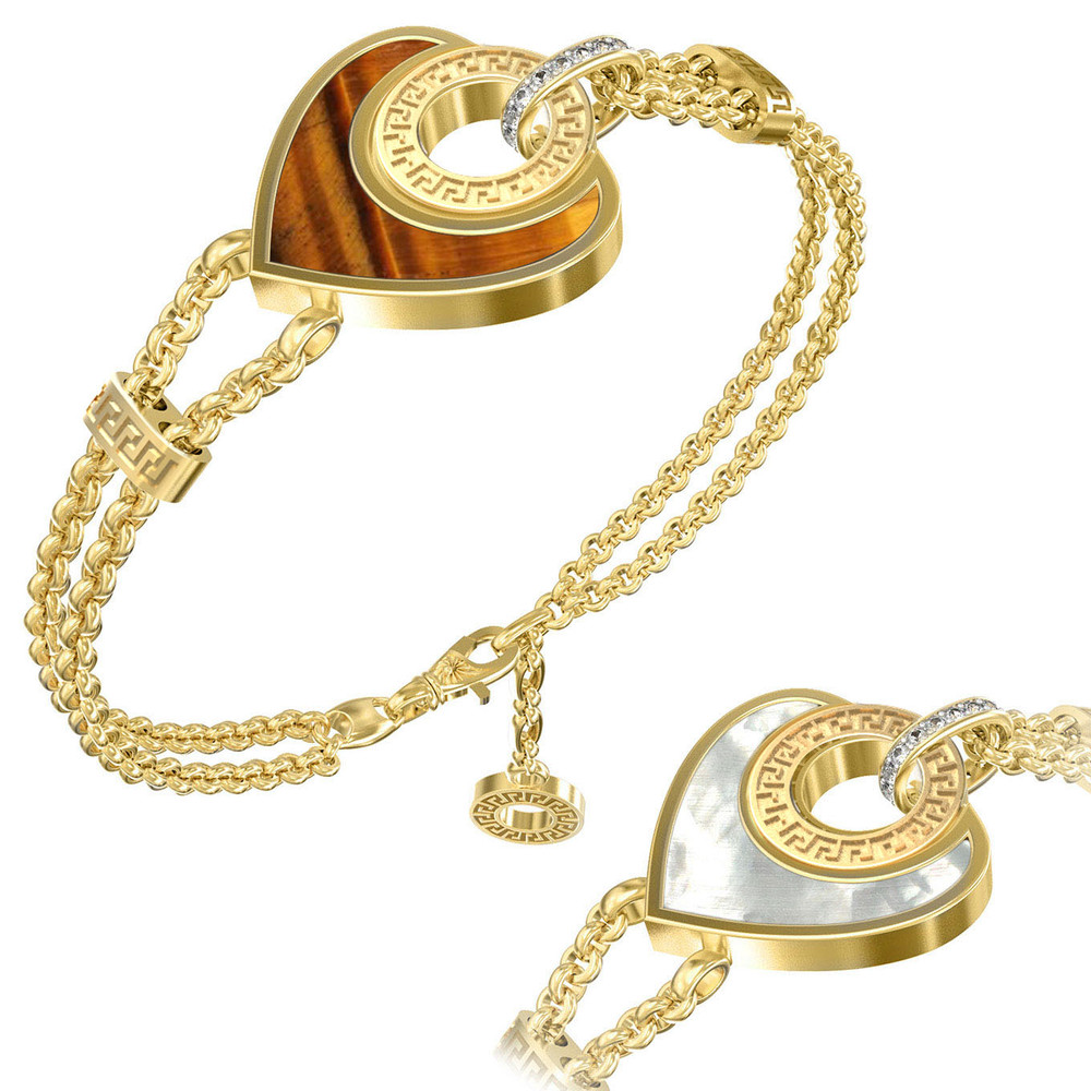 Браслет из лимонного золота c фианитом, тигровым глазом и перламутром