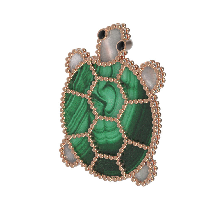 Брошь из золота c эмаль , малахитом и перламутром