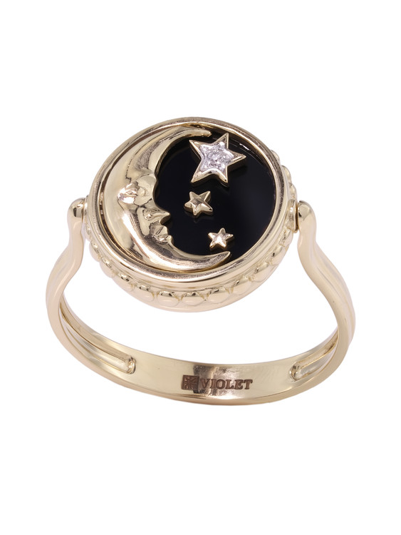 Кольцо из лимонного золота c бриллиантами, ониксом и перламутром