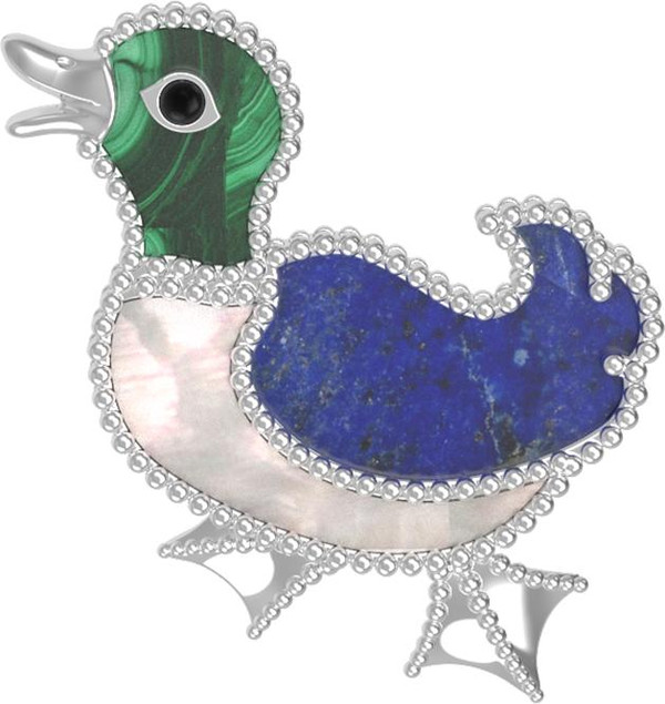 Брошь из белого золота c эмаль , лазуритом, малахитом и перламутром