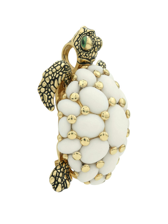 Брошь из лимонного золота c эмаль и бивнем мамонта