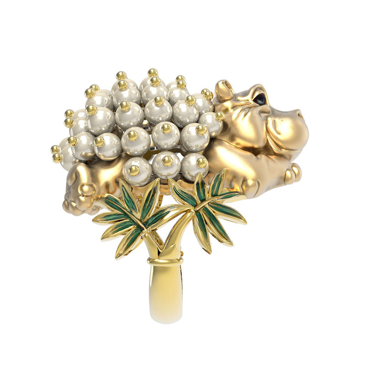 Кольцо из лимонного золота c эмаль и жемчугом