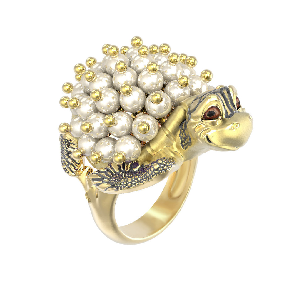 Кольцо из лимонного золота c эмалью и жемчугом