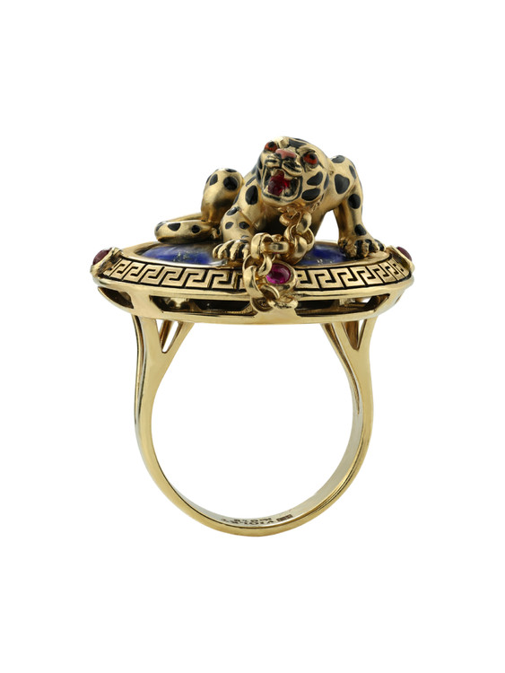 Кольцо из лимонного золота c эмаль , рубином и лазуритом