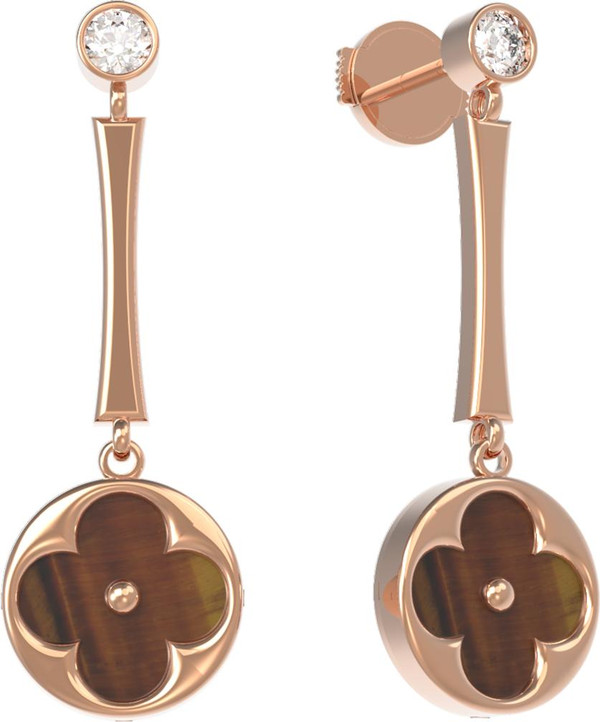 Серьги из золота c фианитом и тигровым глазом