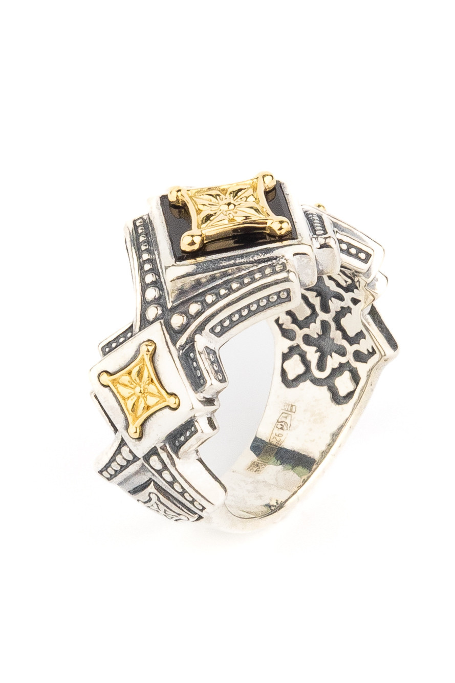 Кольцо из серебра и золота c ониксом и рубином