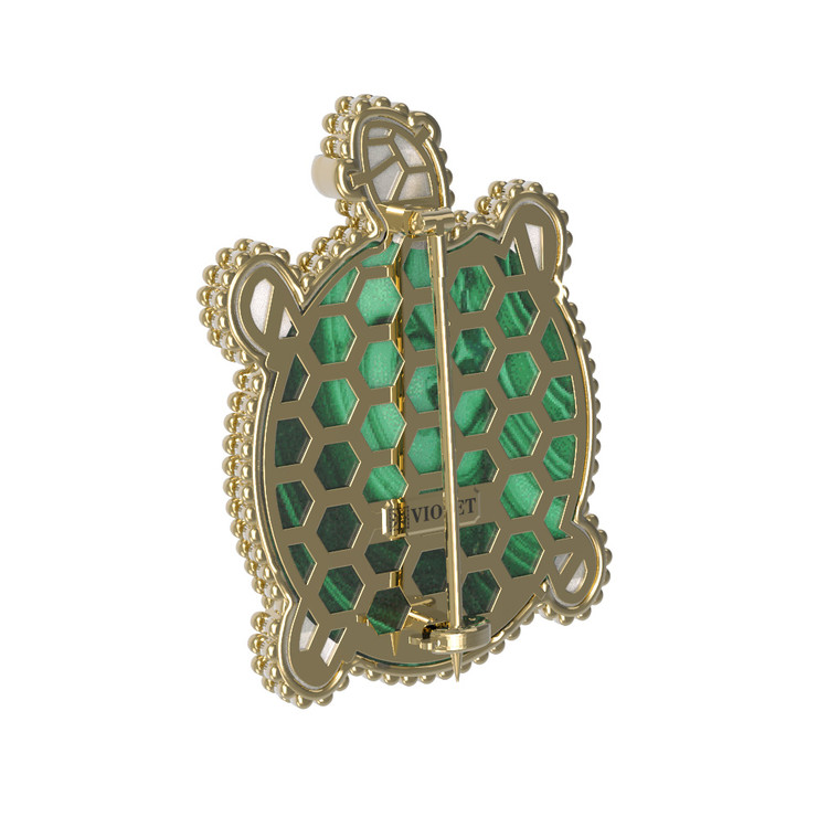 Брошь из лимонного золота c эмаль , малахитом и перламутром