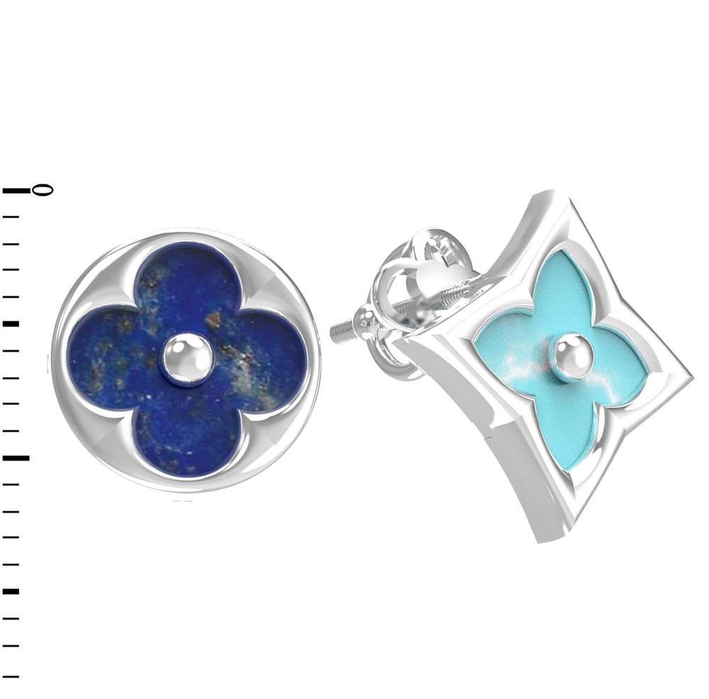 Серьги из белого золота c бирюзой и лазуритом