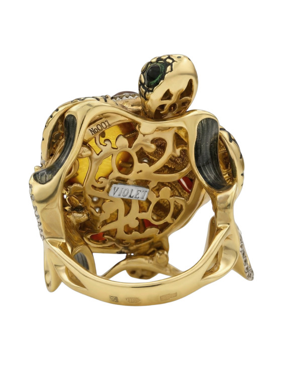 Кольцо из лимонного золота c эмаль , фианитом, гранатом и янтарём