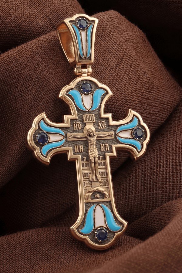 Крест из золота c эмаль и сапфиром