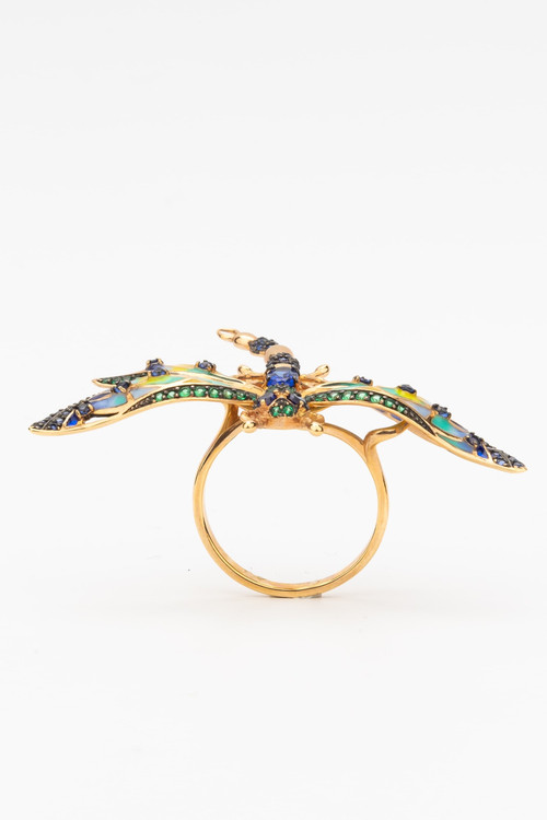 Кольцо из золота c фианитом, сапфиром и эмалью