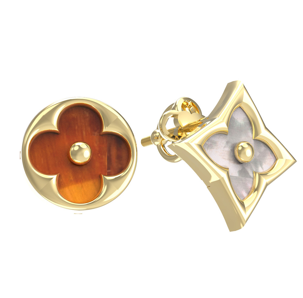 Серьги из лимонного золота c тигровым глазом и перламутром