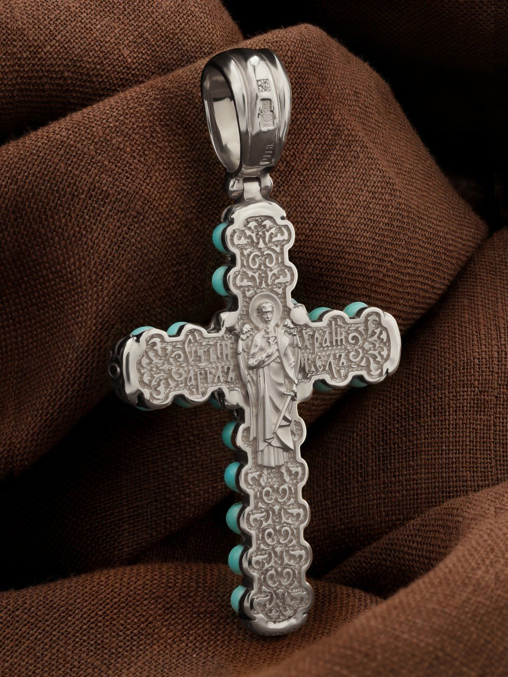 Крест из белого золота c бирюзой